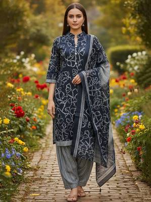 Blue printed cotton blend stitched ethnic motif print salwar kurta dupatta for women 5