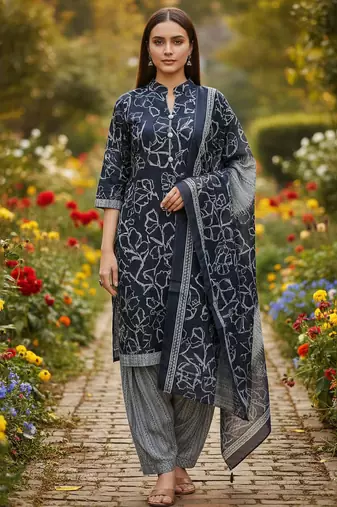 Blue printed cotton blend stitched ethnic motif print salwar kurta dupatta for women