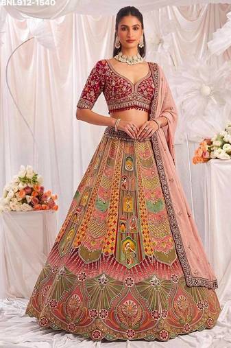 Multicolor silk blend embroidered designer bridal lehenga choli set