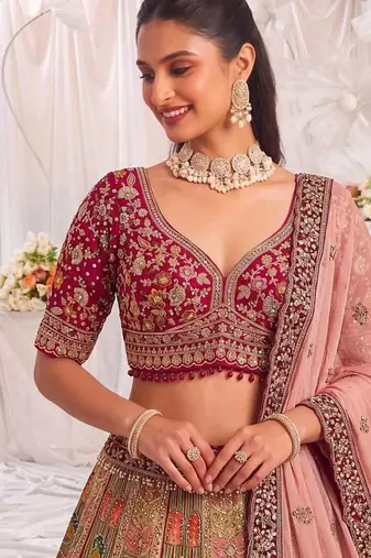 Multicolor silk blend embroidered designer bridal lehenga choli set