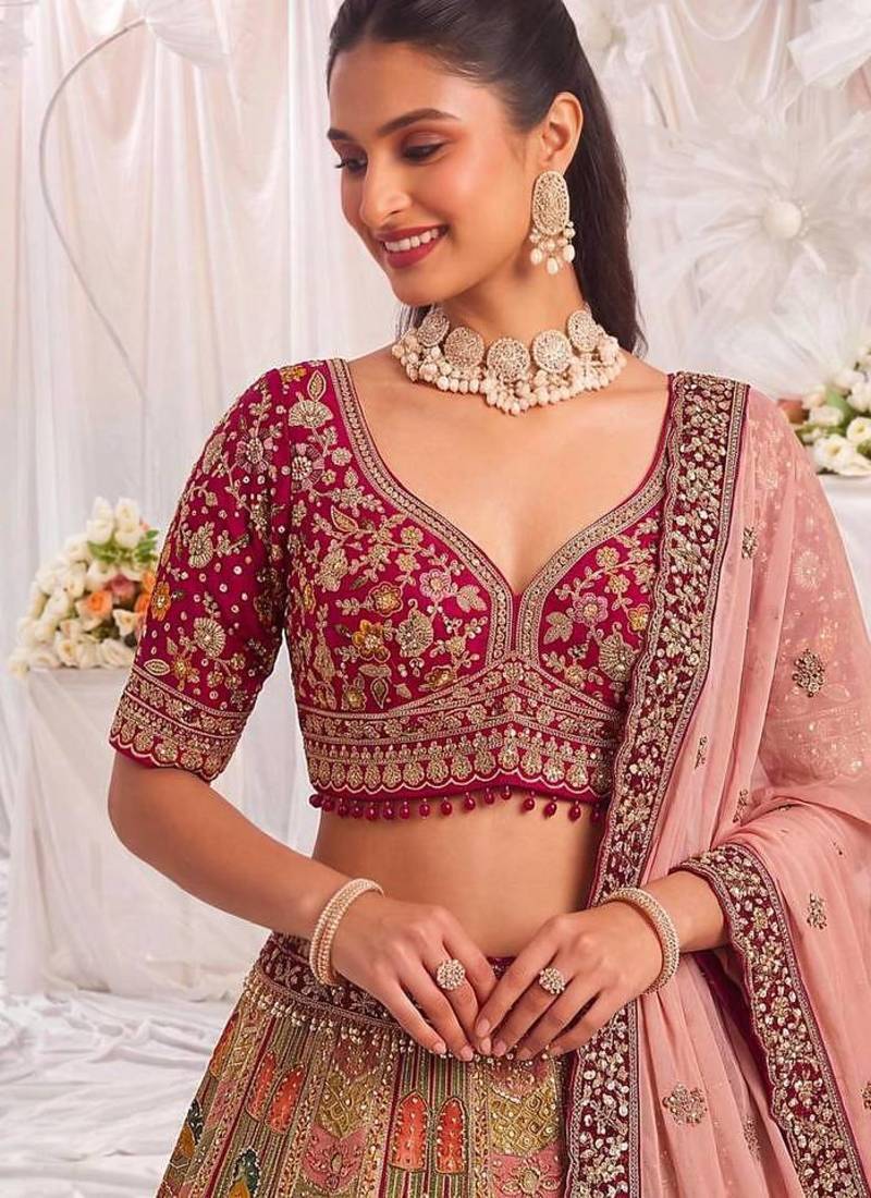 Multicolor silk blend embroidered designer bridal lehenga choli set