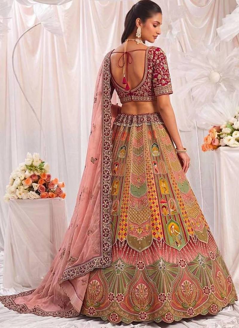 Multicolor silk blend embroidered designer bridal lehenga choli set