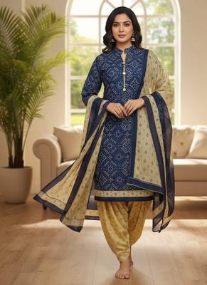 Blue printed cotton blend stitched ethnic motif print salwar kurta dupatta for women 5