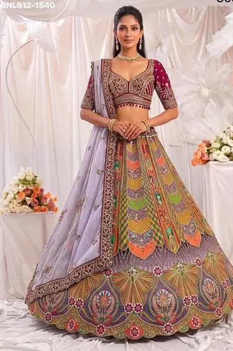 Multicolor silk blend embroidered designer sangeet lehenga choli set
