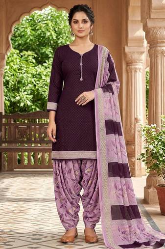 Purple printed cotton blend stitched self design print salwar kurta dupatta for women