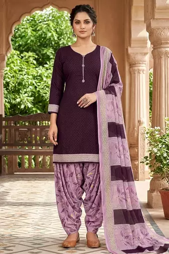 Purple printed cotton blend stitched self design print salwar kurta dupatta for women