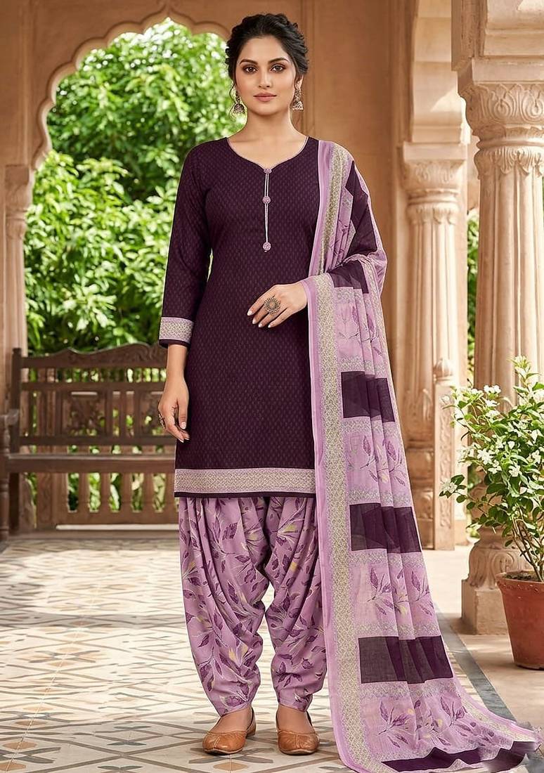 Purple printed cotton blend stitched self design print salwar kurta dupatta for women
