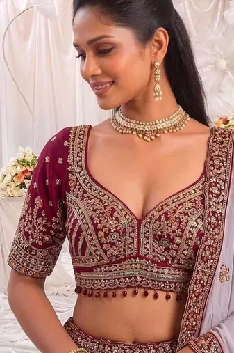 Multicolor silk blend embroidered designer sangeet lehenga choli set