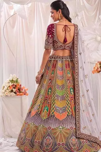 Multicolor silk blend embroidered designer sangeet lehenga choli set