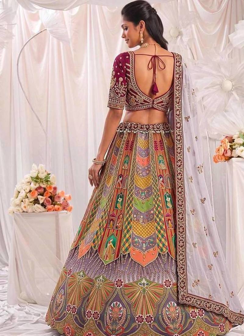 Multicolor silk blend embroidered designer sangeet lehenga choli set