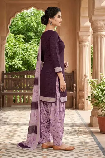 Purple printed cotton blend stitched self design print salwar kurta dupatta for women