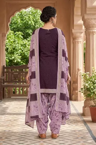 Purple printed cotton blend stitched self design print salwar kurta dupatta for women