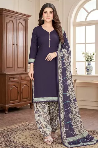 Purple printed cotton blend stitched self design print salwar kurta dupatta for women