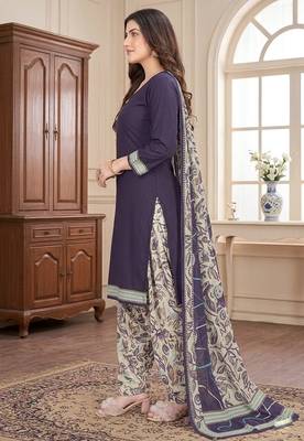 Purple printed cotton blend stitched self design print salwar kurta dupatta for women 2