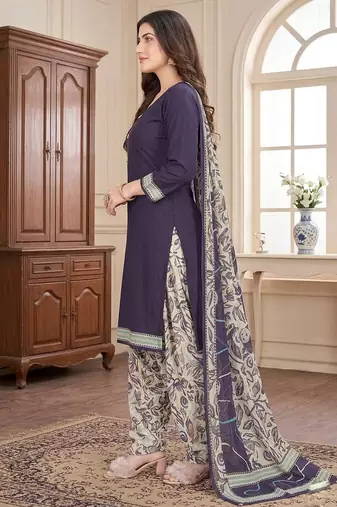 Purple printed cotton blend stitched self design print salwar kurta dupatta for women