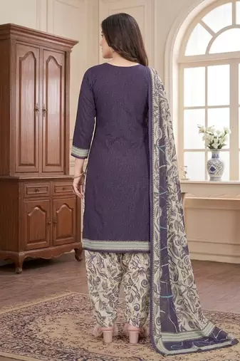 Purple printed cotton blend stitched self design print salwar kurta dupatta for women