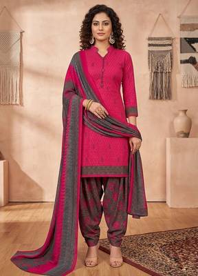 Pink printed cotton blend stitched floral print salwar kurta dupatta for women 1