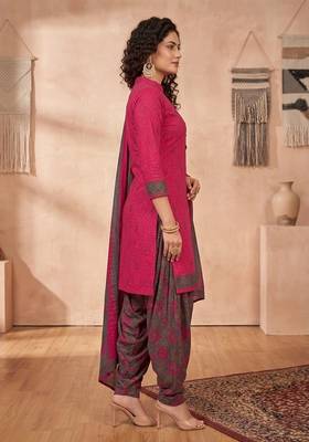 Pink printed cotton blend stitched floral print salwar kurta dupatta for women 2