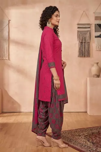 Pink printed cotton blend stitched floral print salwar kurta dupatta for women