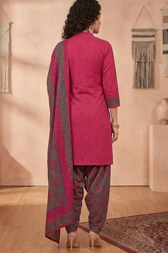 Pink printed cotton blend stitched floral print salwar kurta dupatta for women
