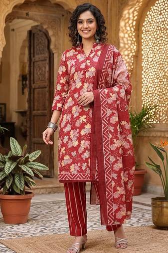Red printed cotton blend stitched floral print salwar kurta dupatta for women