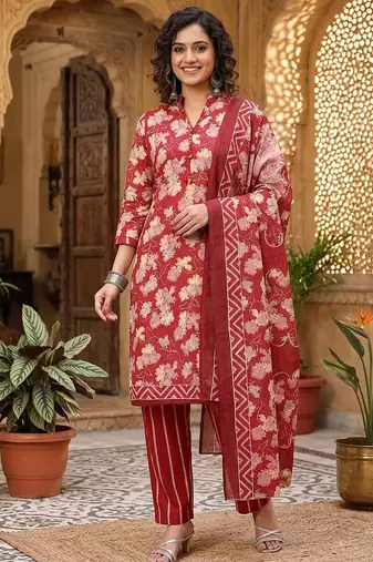 Red printed cotton blend stitched floral print salwar kurta dupatta for women
