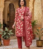 Red printed cotton blend stitched floral print salwar kurta dupatta for women