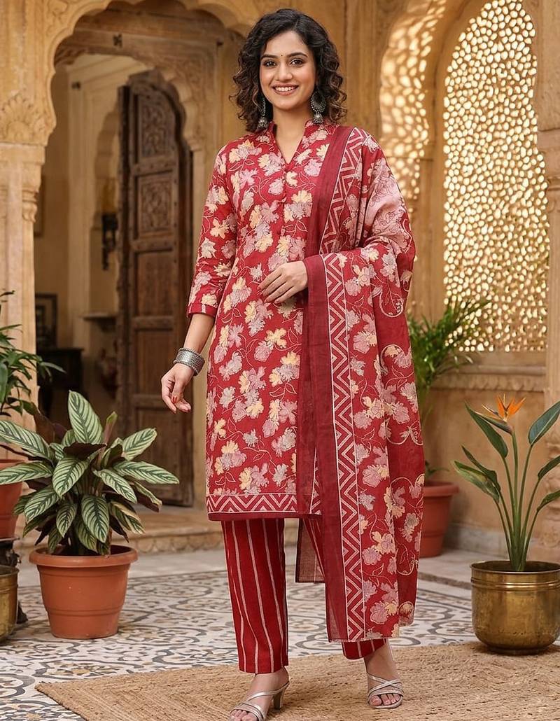 Red printed cotton blend stitched floral print salwar kurta dupatta for women