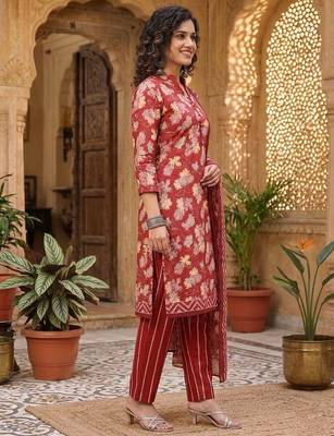 Red printed cotton blend stitched floral print salwar kurta dupatta for women 2