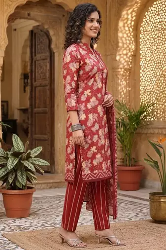 Red printed cotton blend stitched floral print salwar kurta dupatta for women