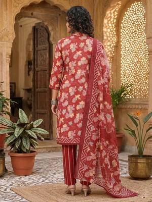 Red printed cotton blend stitched floral print salwar kurta dupatta for women 3