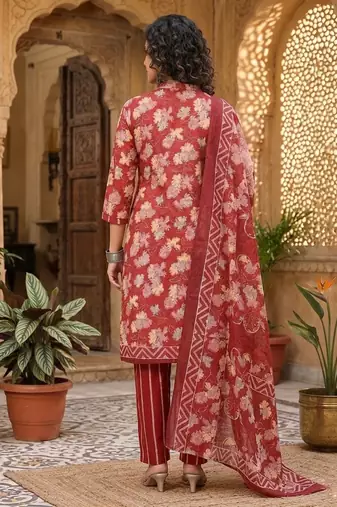 Red printed cotton blend stitched floral print salwar kurta dupatta for women
