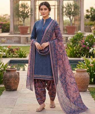 Blue printed cotton blend stitched floral print salwar kurta dupatta for women 1