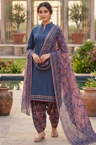 Blue printed cotton blend stitched floral print salwar kurta dupatta for women