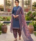 Blue printed cotton blend stitched floral print salwar kurta dupatta for women