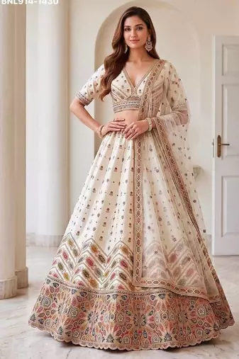 Off-white silk blend embroidered designer reception lehenga choli set