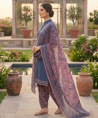 Blue printed cotton blend stitched floral print salwar kurta dupatta for women 2