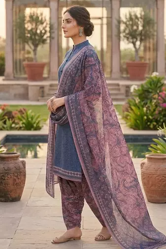 Blue printed cotton blend stitched floral print salwar kurta dupatta for women