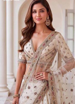 Off-white silk blend embroidered designer reception lehenga choli set 2