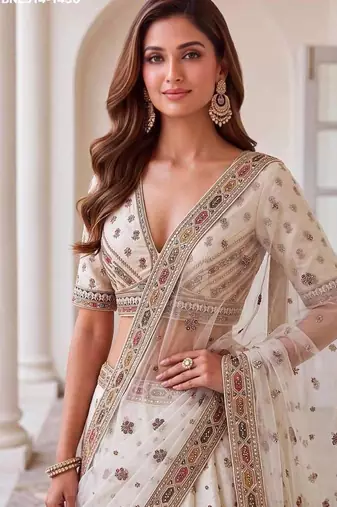 Off-white silk blend embroidered designer reception lehenga choli set
