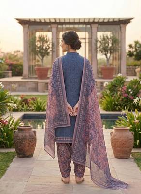 Blue printed cotton blend stitched floral print salwar kurta dupatta for women 3