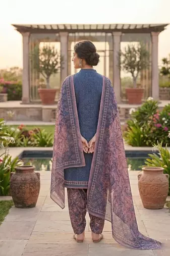 Blue printed cotton blend stitched floral print salwar kurta dupatta for women