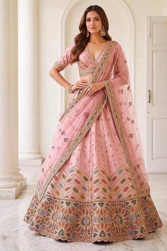 Light pink silk blend embroidered party wear sangeet lehenga choli set