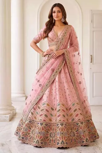 Light pink silk blend embroidered party wear sangeet lehenga choli set