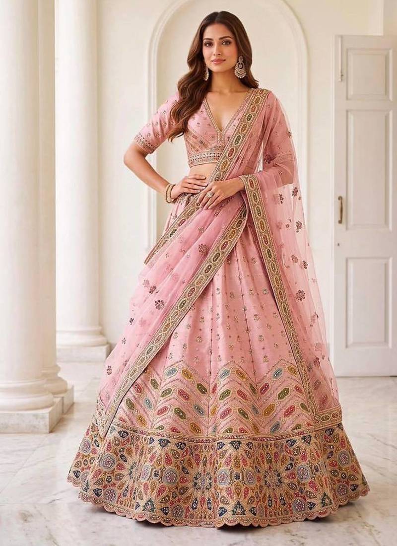 Light pink silk blend embroidered party wear sangeet lehenga choli set