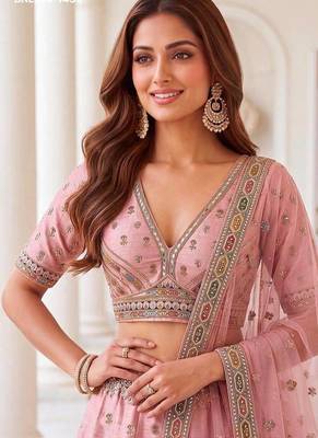 Light pink silk blend embroidered party wear sangeet lehenga choli set 2