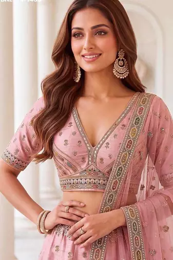 Light pink silk blend embroidered party wear sangeet lehenga choli set