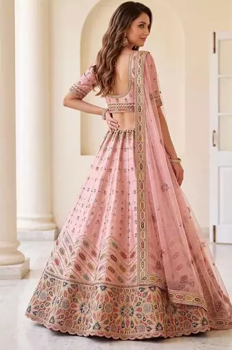 Light pink silk blend embroidered party wear sangeet lehenga choli set