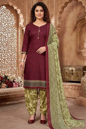 Red printed cotton blend stitched self design print salwar kurta dupatta for women