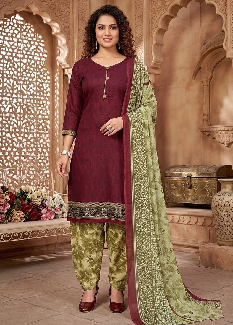 Red printed cotton blend stitched self design print salwar kurta dupatta for women